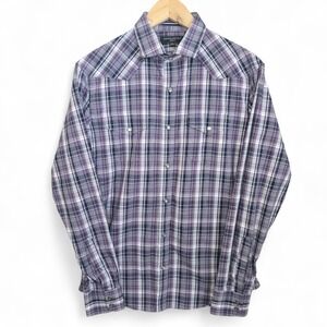 Banana Republic Shirt Mens Small Purple Plaid Pearl Snap Button Slim Fit Stretch